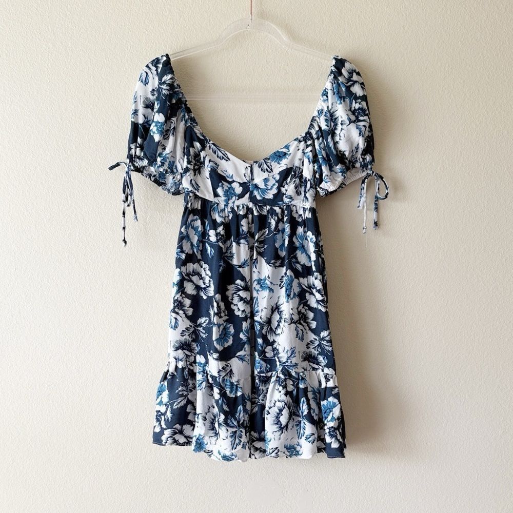 OLIVACEOUS FrenchGirl Floral Print Babydoll Puff Sleeve Tie Mini Dress